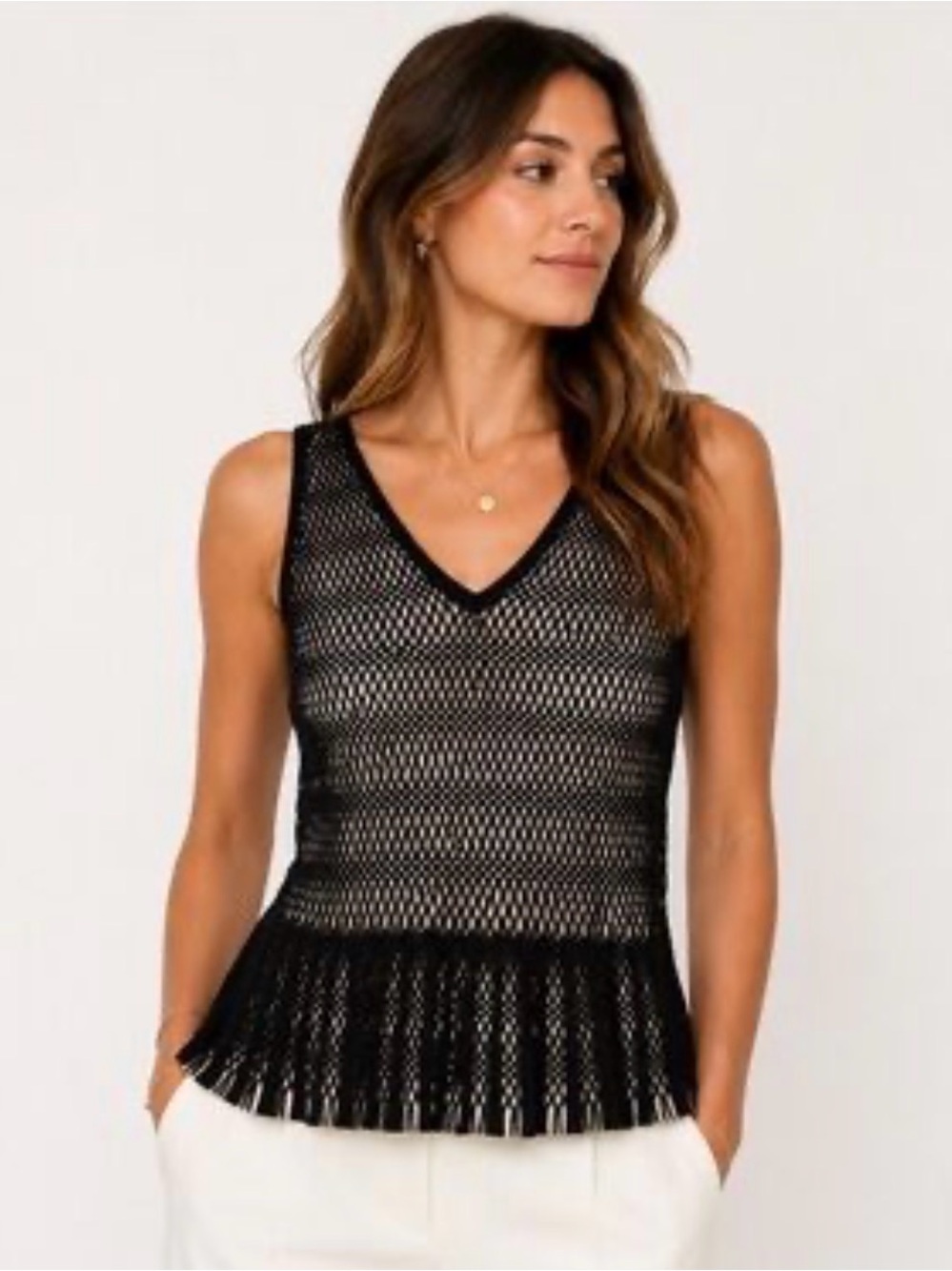 White House Black Market Black Crochet V-Neck Peplum Tank